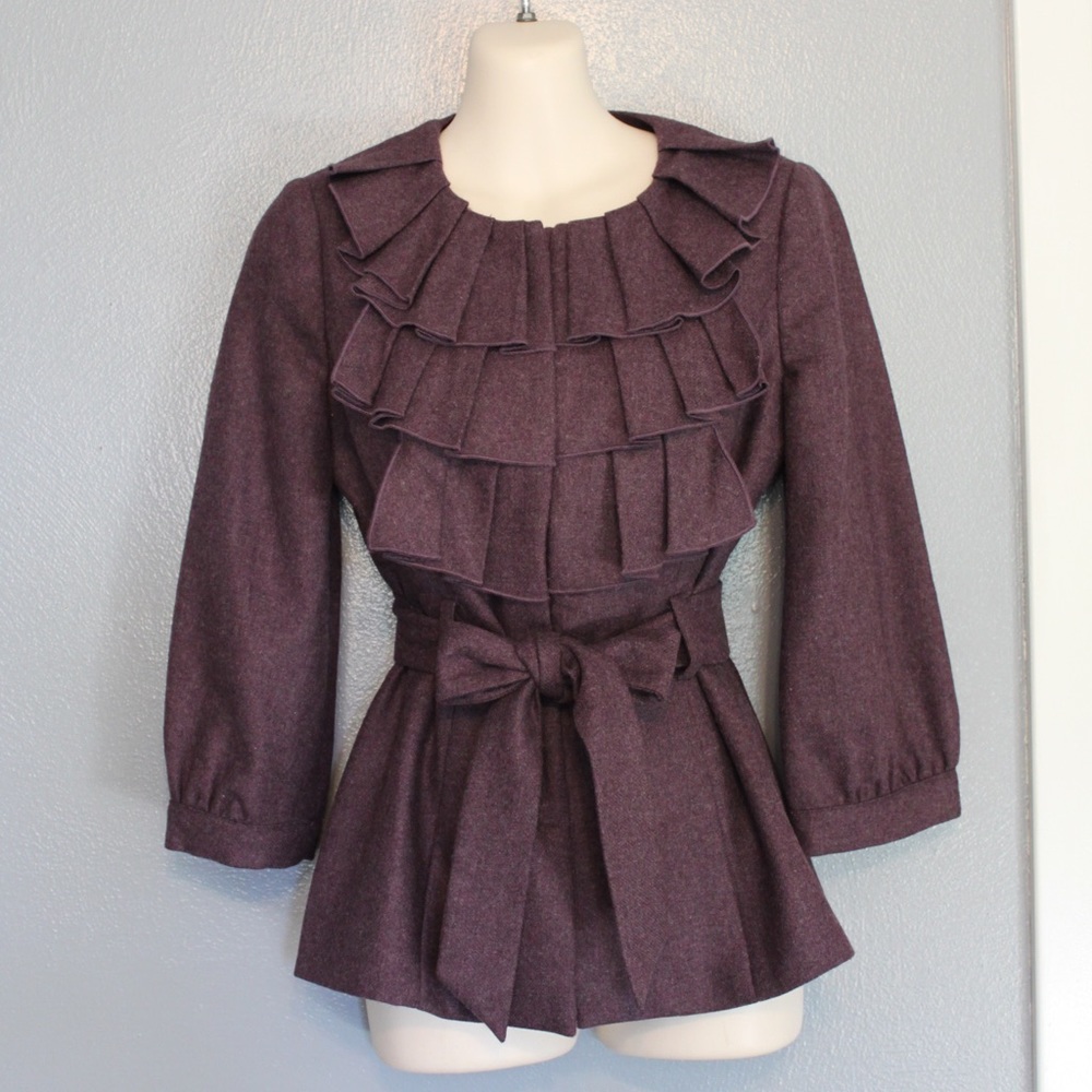Tabitha Anthropologie Purple Foliage Finder Belted Ruffled Jacket 0
